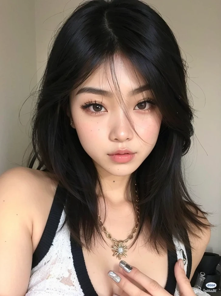 uma mulher com longos cabelos pretos e um top branco posando para uma foto, Mulher sul-coreana bonita, cruel korean goth girl, menina coreana, linda mulher coreana jovem, Beautiful Asian girl, cabelos pretos e olhos grandes, shoulder-length black hair, korean symmetrical face, mulher coreana jovem bonita, branco hime corte penteado, asian features, comprimento do ombro cabelo preto