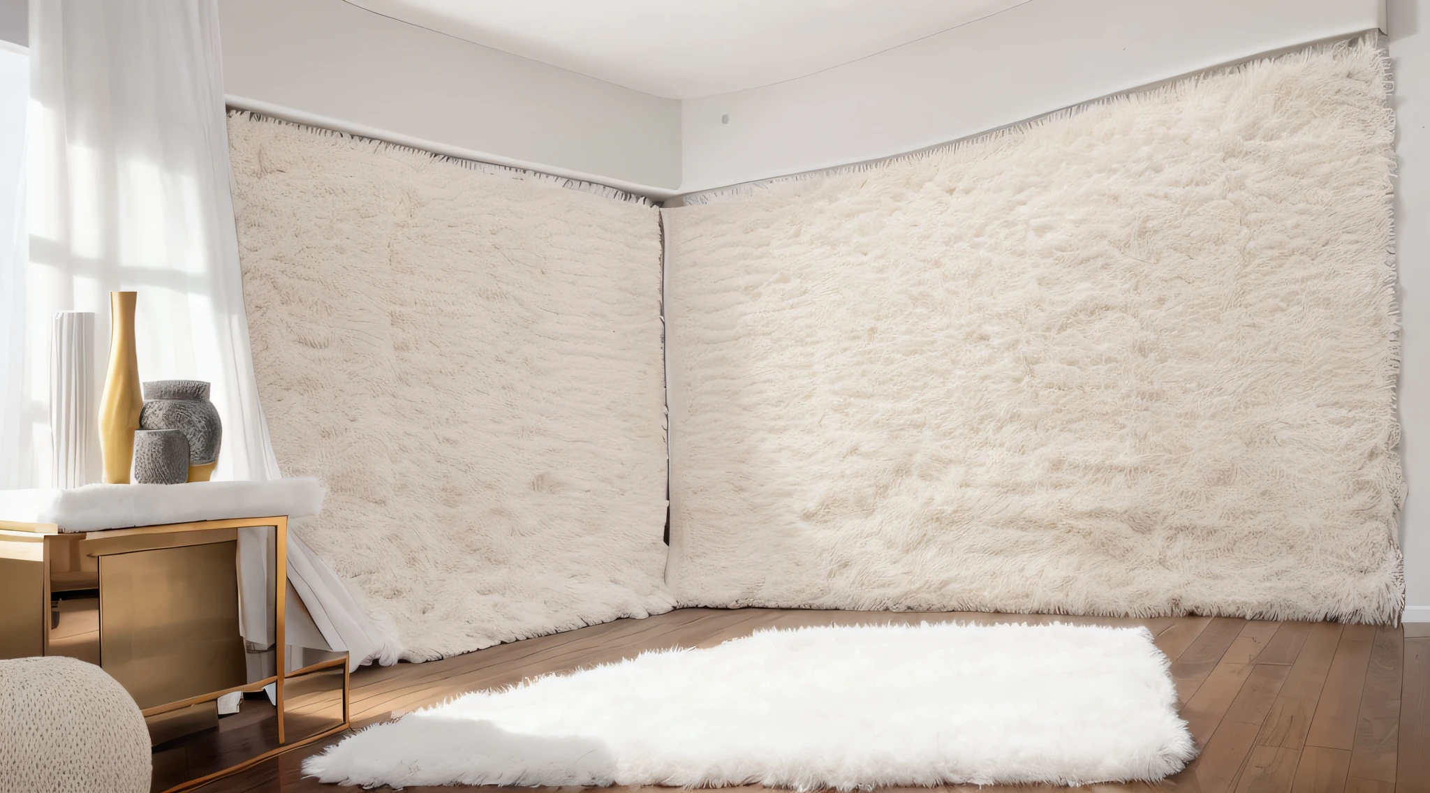 carpet with arafed and white fur rug in the living room, Designed for a cozy aesthetic!, white fur, with white fluffy fur, fluffy white fur, detailed white fur, synthetic fur, Furr, Carpets, rug, Superwide, Natural fur, rugs, flowing fur, Housed in a large living room, Light boho rug, fluffy fluffy fur