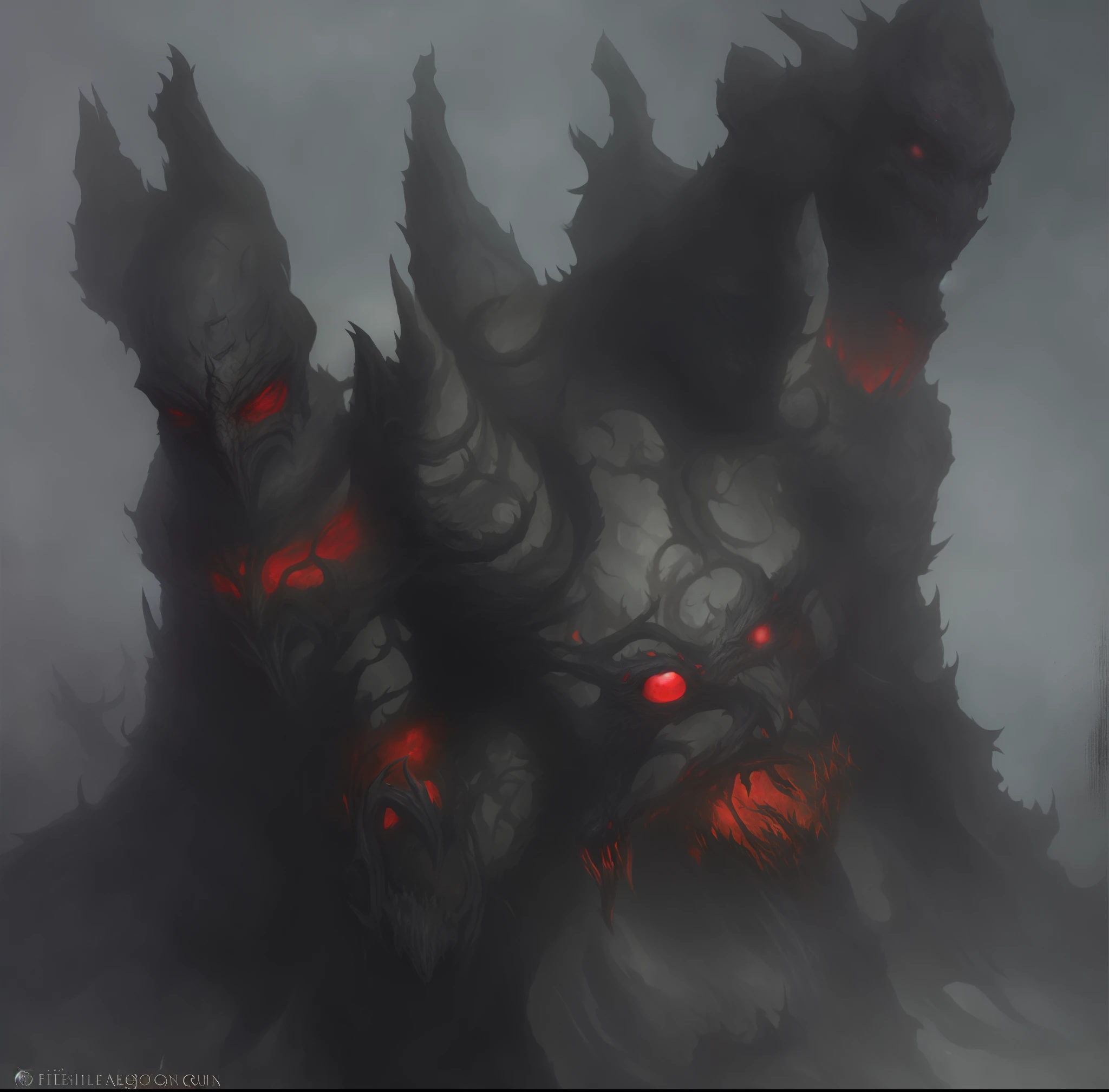 painting of a demonic creature with red eyes and a red collar, monster concept art, demon soul concept art, giygas, fire golem creature, concept art. smoke, dnd boss, painted as a game concept art, concept art illustration, an ominous fantasy illustration, demon, diablo concept art, minion as a darksouls boss, diablo digital concept art