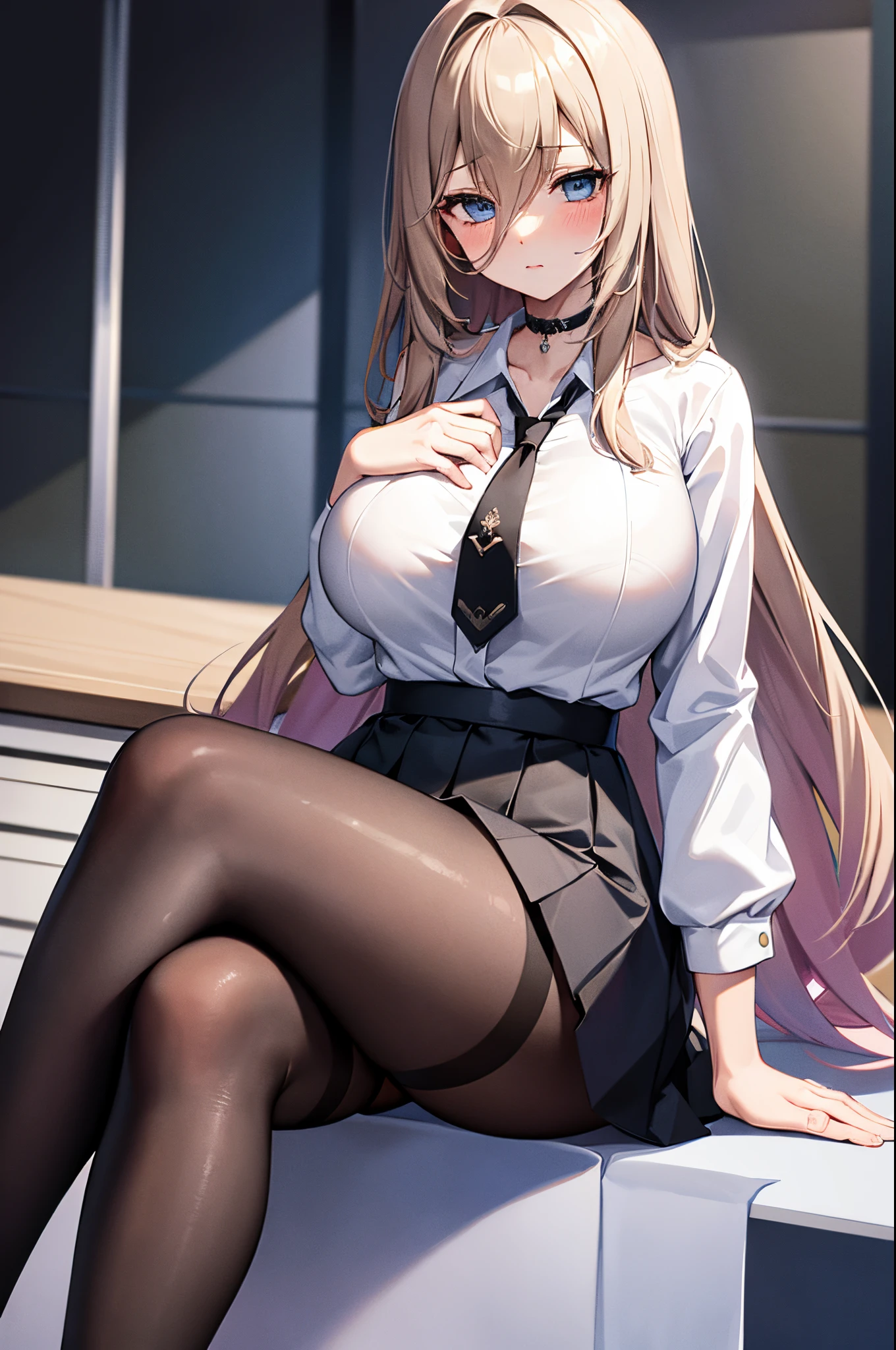 One girl, long hair, hair between eyes, blue eyes, choker, school uniform, white shirt, black necktie, mini skirt, black skirt, embarrassed, blushing, indoor, classroom, sit on, crossed legs, table, window, huge breasts, huge hips, waist, thigh, legs, pantyhose