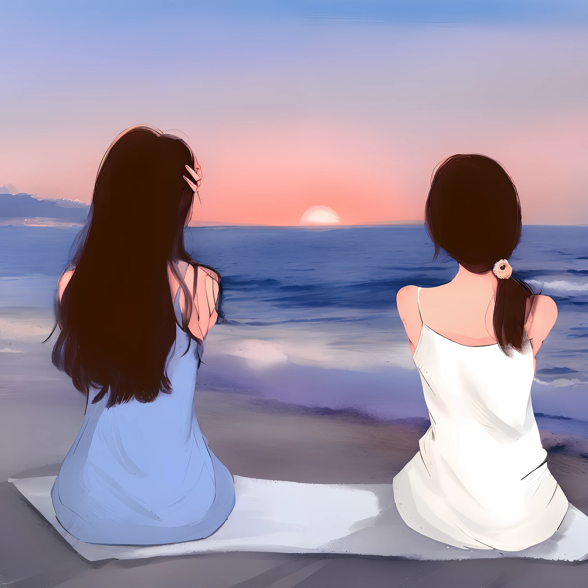 Two women sitting on the beach watching the sunset, beautiful painting of friends, With the setting sun, watching the sunset, The whole sky is yellow,The sea is rough