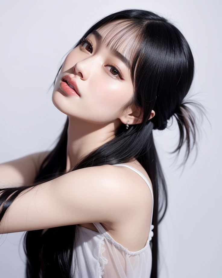 um close up de uma mulher com longos cabelos pretos e uma regata grisalha, Lalisa Manobal, Parque Ji-min, Ela tem cabelo preto com franja, Jaeyeon Nam, Heonhwa Choe, Shikami, Hwang SE - EM, Yoshitomo Nara, Lee Ji - Eun, Lee Ji-eun