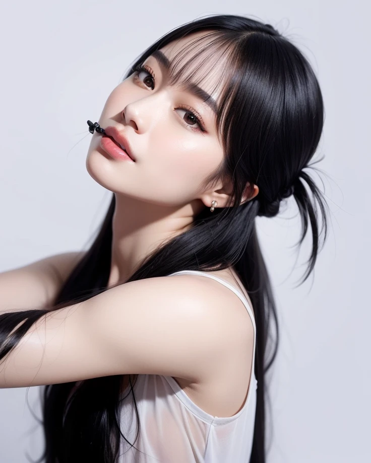um close up de uma mulher com longos cabelos pretos e uma regata grisalha, Lalisa Manobal, Parque Ji-min, Ela tem cabelo preto com franja, Jaeyeon Nam, Heonhwa Choe, Shikami, Hwang SE - EM, Yoshitomo Nara, Lee Ji - Eun, Lee Ji-eun