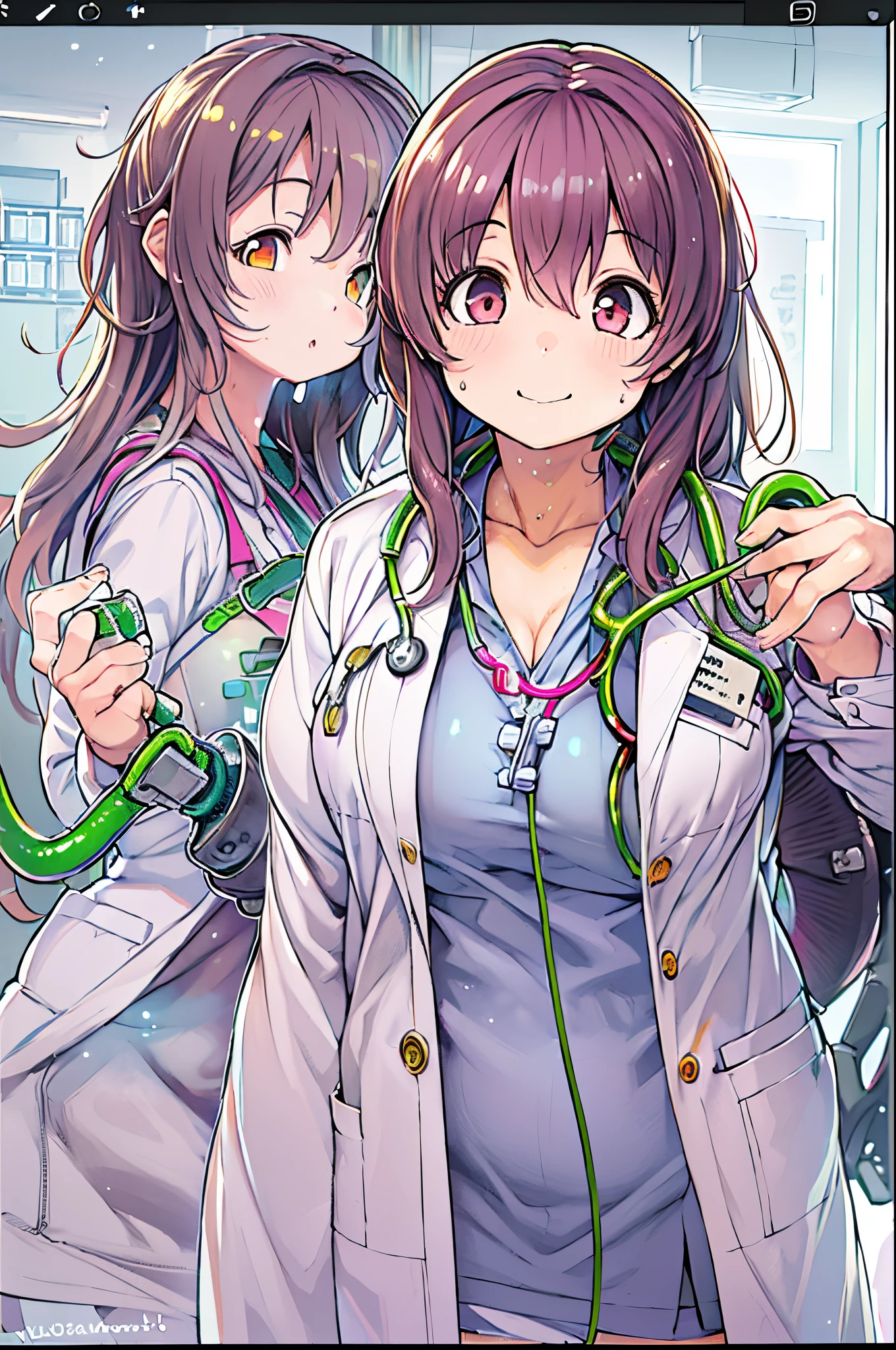 (Best Quality, masutepiece: 1.1), 1 girl、Anime character wearing a white lab coat, Smooth Anime CG Art, with white coat, wearing a white hospital gown, wearing lab coat and a blouse, With a stethoscope, doctor, makoto shinka, wearing lab coat, (doctor), By Shinkai Makoto. a digital rendering, stethoscope!, photorealistic anime girl render、huge-breasted、bbw