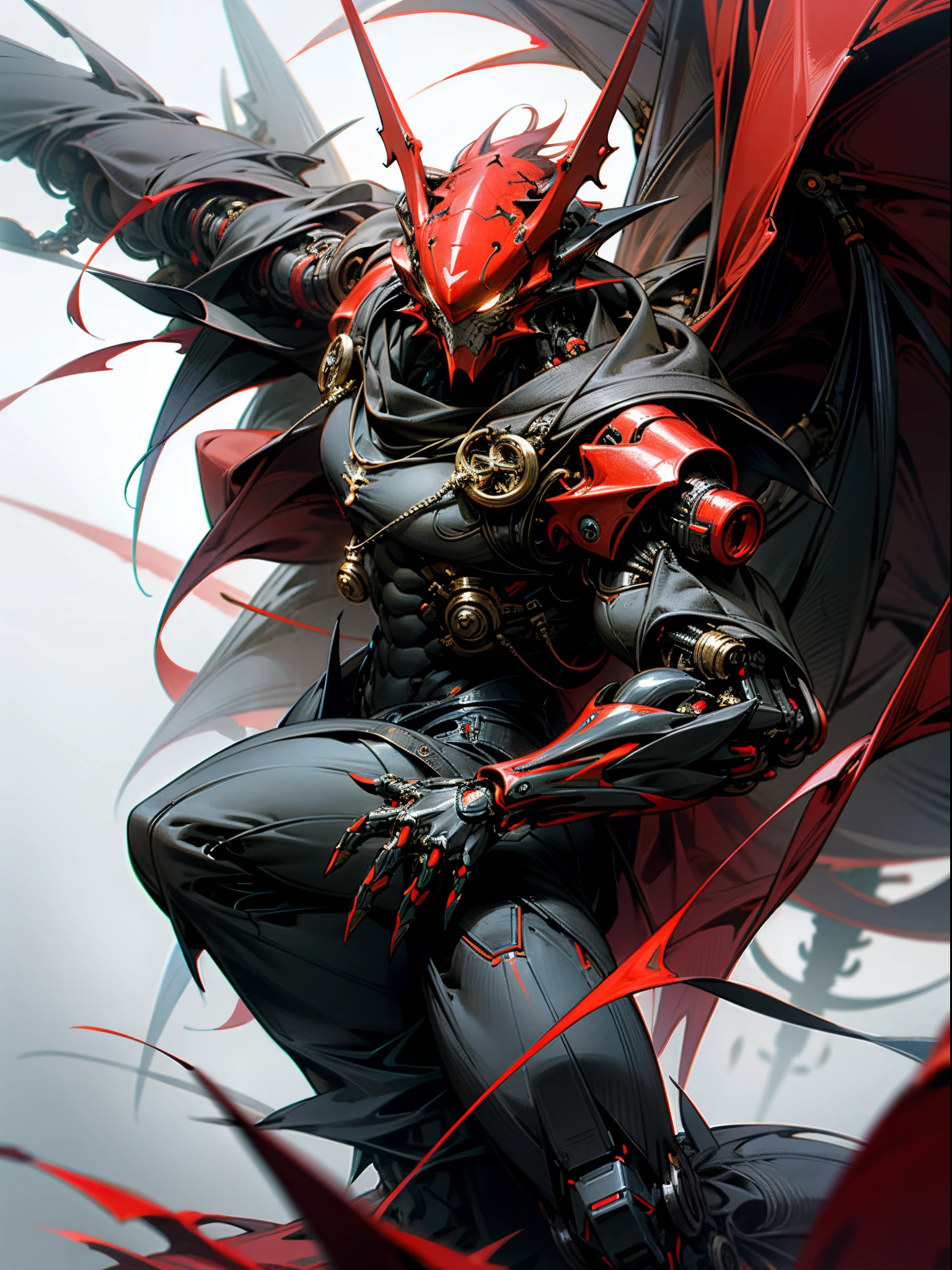 Dark_Fantasy,Cyberpunk,(saw, dragon man,Red:1.1),1man,Mechanical marvel,Robotic presence,Cybernetic guardian, dark colours.
