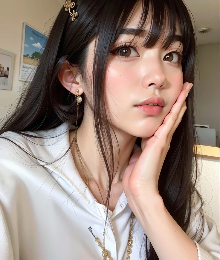 Araffe Asian woman with long hair and earrings posing for a photo, Ulzzang, Ela tem cabelo preto com franja, cabelo arrumado com franja, com franja, Franja reta longa, 🤤 retrato da , com franja completa, branco hime corte penteado, young adorable korean face, cabelos longos com franja, meninao-fino-cara, young cute wan asian face