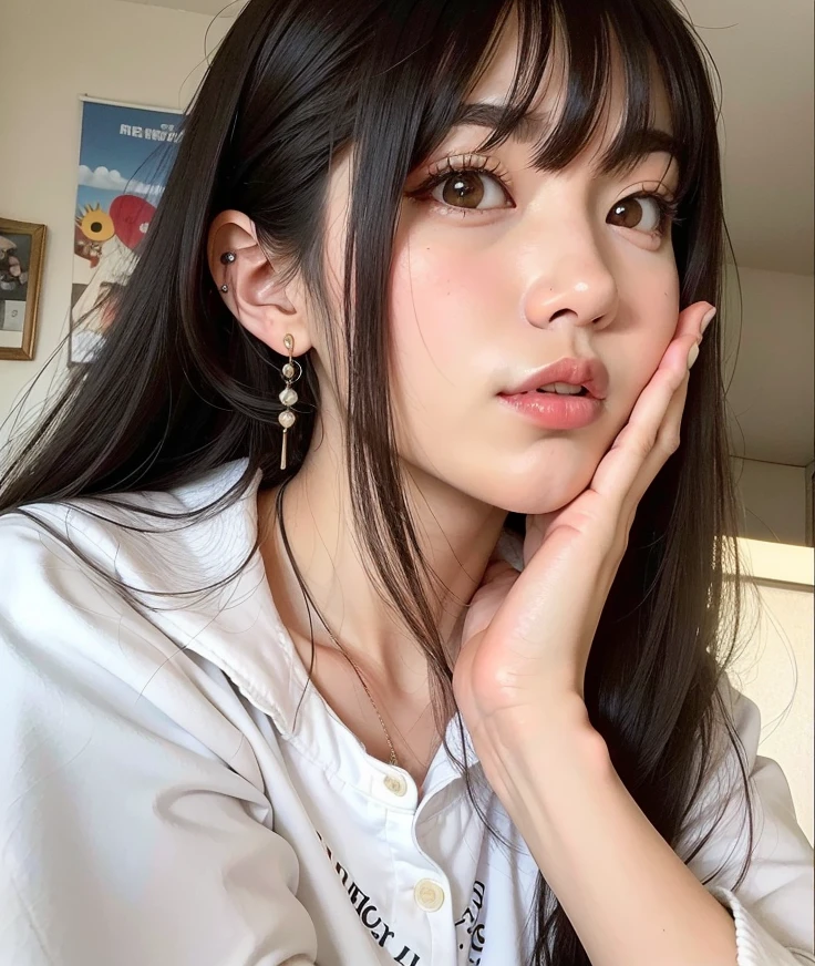 Light smile、natta、Raw photography、(((Portrait of extreme beauty)))、((glistning skin))、女の子1人、19-year-old beautiful girl in Prague、bright expression、((brown haired))、[Big blue eyes that shine like jewels]、Glossy glossy skin、Silky long straight hair、eye liner、Beautiful bangs、Hair between the eyes、((​masterpiece、top-quality、ultra-detailliert、Film Light、intricate-detail、hight resolution、ighly detailed))、细致背景、8KUHD、Digital SLR、Soft light、hightquality、Film grain、FujifilmXT3 、Shallow depth of field、natural soft light、Kamimei、Lush bust