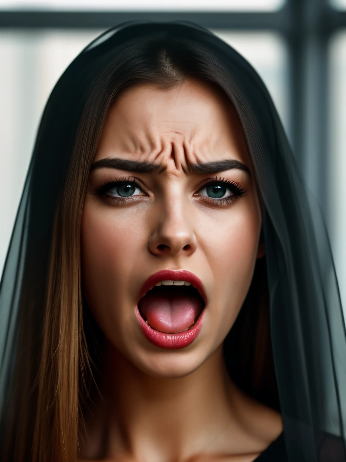 Portrait of realistic woman covered in a transparent veil looking frustrated and screaming in pain