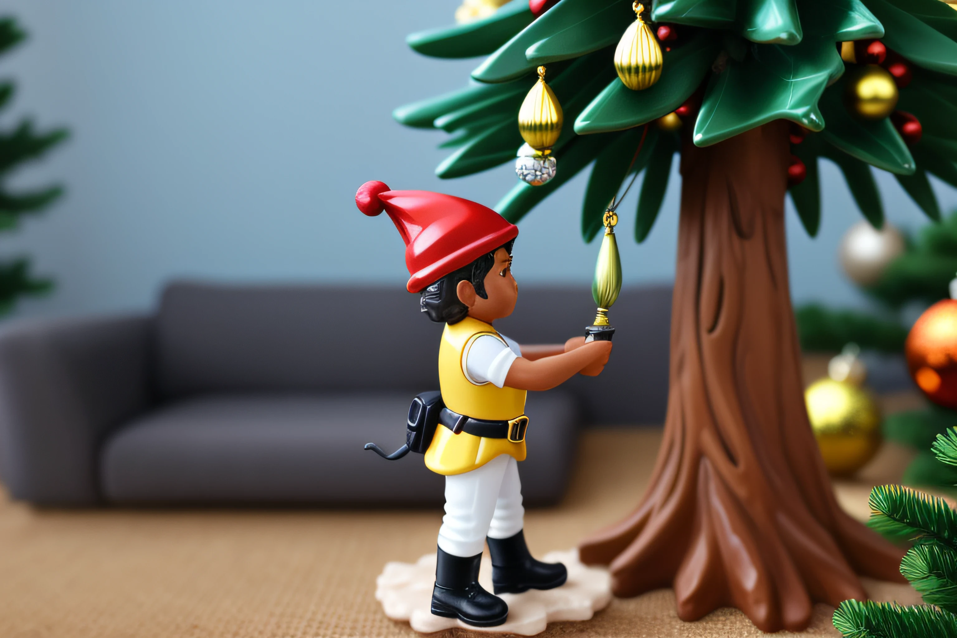 there is a figurine of a man with a Christmas ornament and a tree decorated with a Christmas theme, medium closeup shot, imagem detalhada, Arte Promocional, with a tree in the background, closeup detalhado, with a tall tree, tiro detalhado, medium closeup shot, close - up view, close-up view, detalhes, Close view, imagem detalhada, mais detalhes, fechar detalhes