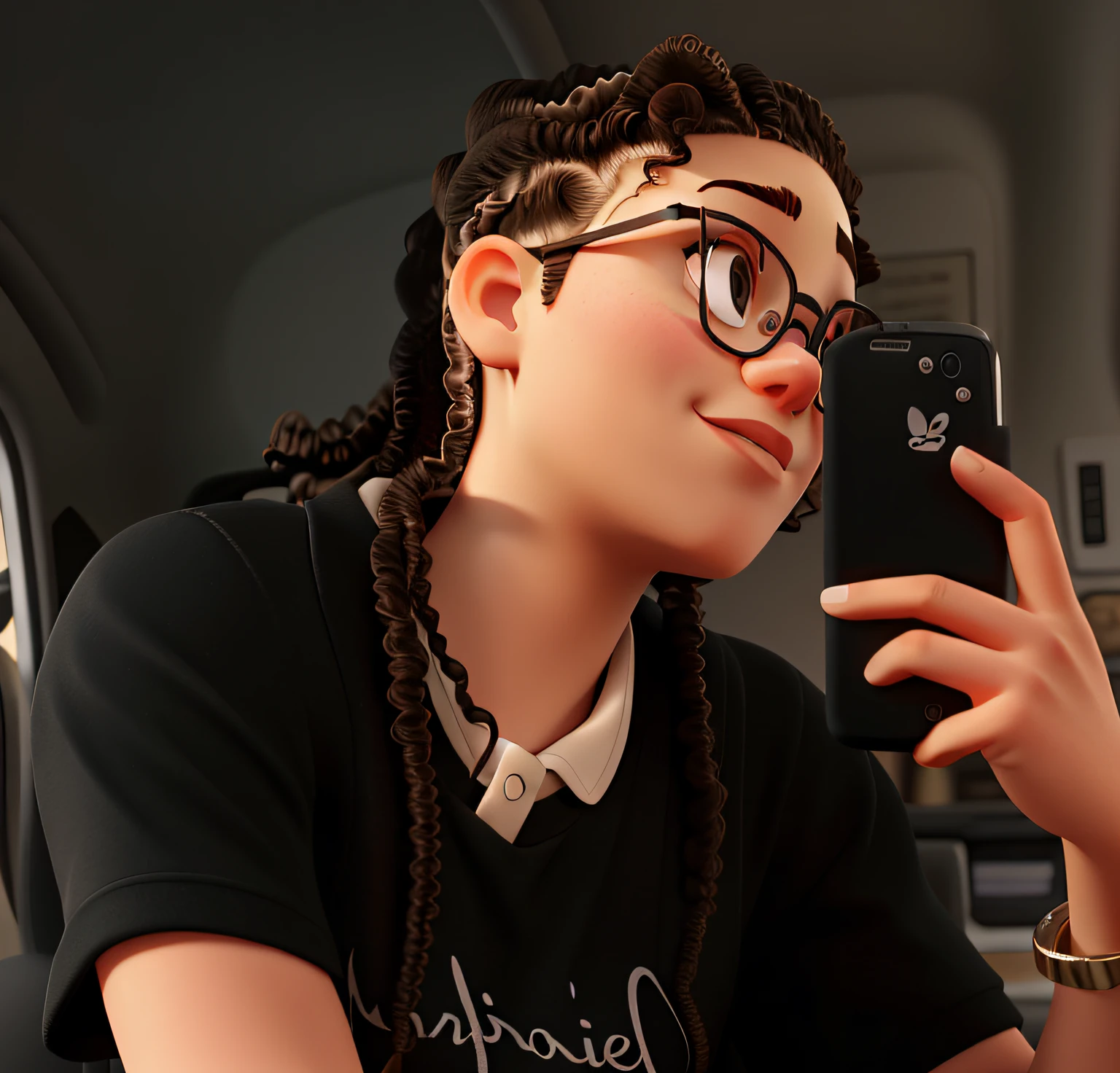 white girl with curly hair shaved to the side wearing glasses
