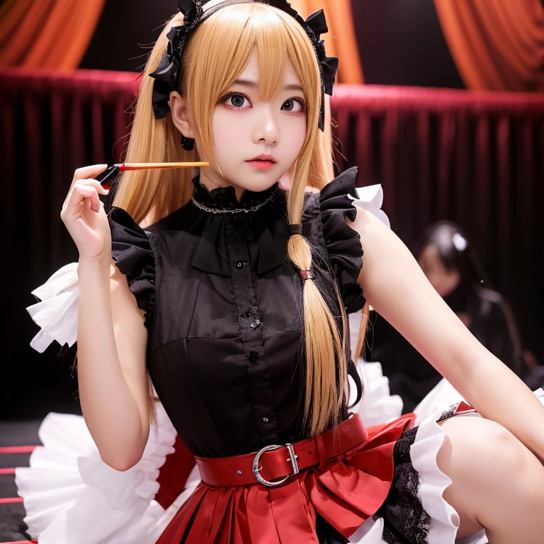 Shinobu Shinobu、Cosplay、Gothic lolita、sitting on、holding a donut、raise one right knee、a blond、Red eyes、odd eye、stage、a miniskirt、garterbelts、Small、A slender、Long、light skinned、Rubbing your with your left hand、the right hand touches the penis、Agra、natta、looking downwards、eyes looking down、Red cheeks、Half close your eyes、see -through、razor、black gloves、
