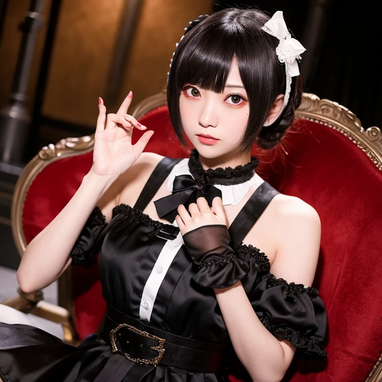 Shinobu Shinobu、Cosplay、Gothic lolita、sitting on、holding a donut、raise one right knee、a blond、Red eyes、odd eye、stage、a miniskirt、garterbelts、Small、A slender、Long、light skinned、Rubbing your with your left hand、the right hand touches the penis、Agra、natta、looking downwards、eyes looking down、Red cheeks、Half close your eyes、see -through、razor、black gloves、