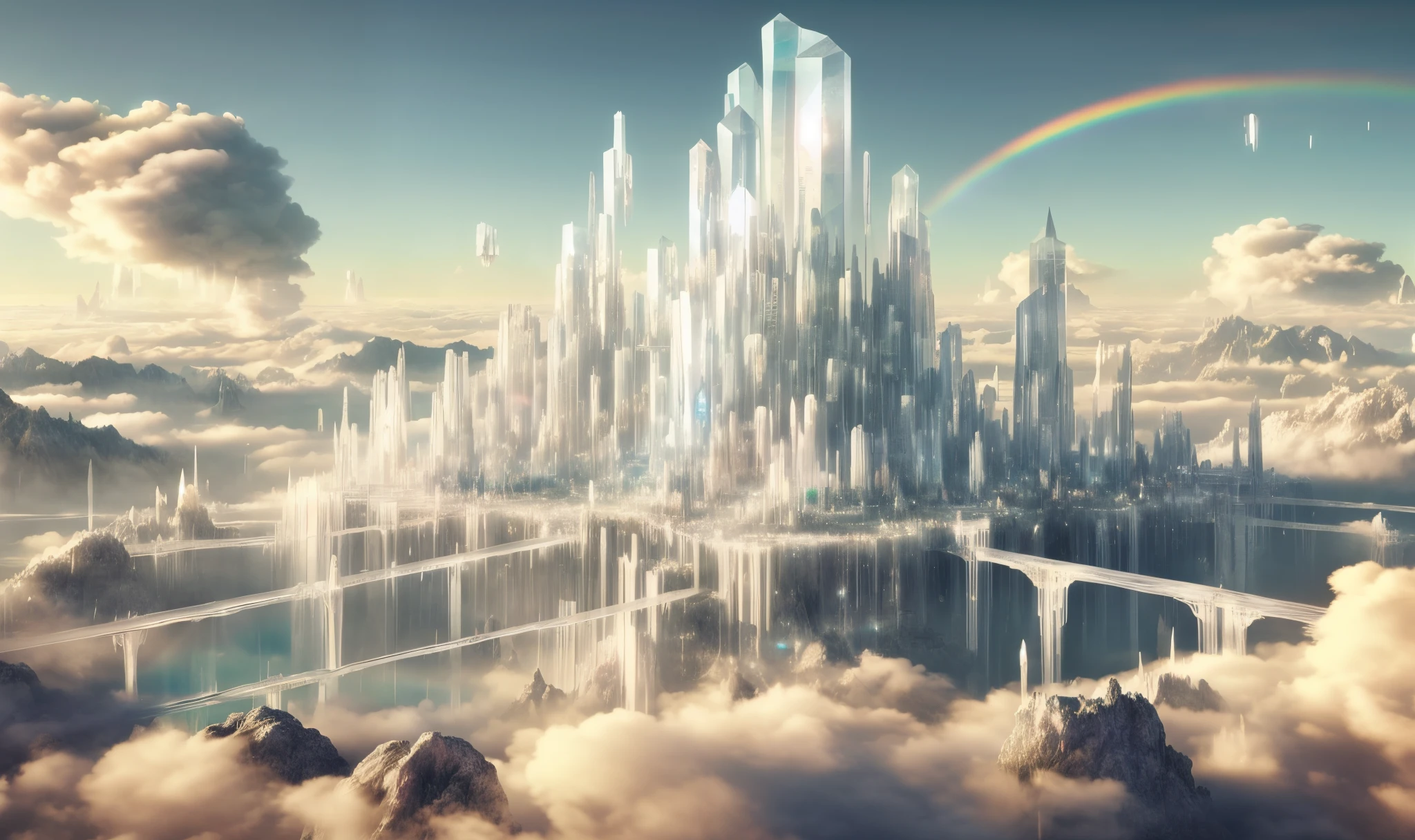 great crystal castle, surreal crystal landscape, city of clouds, translucent landscape, fog planet, floating white lands, sky nation, rainbow in the distance, wind air, white crystals, floating islands with interlocking rocks forming bridges to a translucent tower in the center, air realm, ultra-realistic, ultra-detailed, high fantasy
