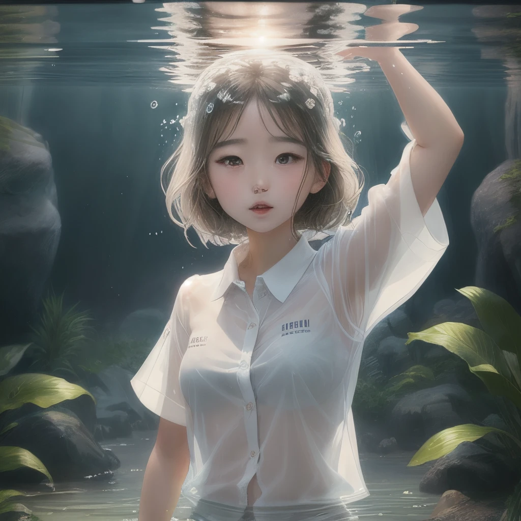 Masterpiece, Best quality, beautiful 1 girl, sitting on her knees inside a glass transparent sphere, girl in a sphere, visible in full growth, long unusual shining hair, big beautiful eyes, skin shines with light, beautiful background around water and plants, glowing fluorescent flowers, air bubbles, fireflies