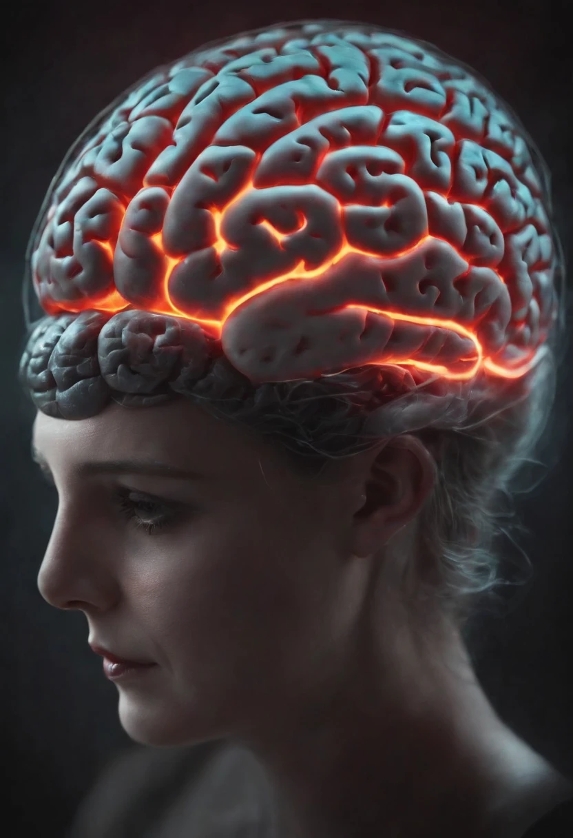 A highly detailed brain, electronic medium with neons and half real grey
