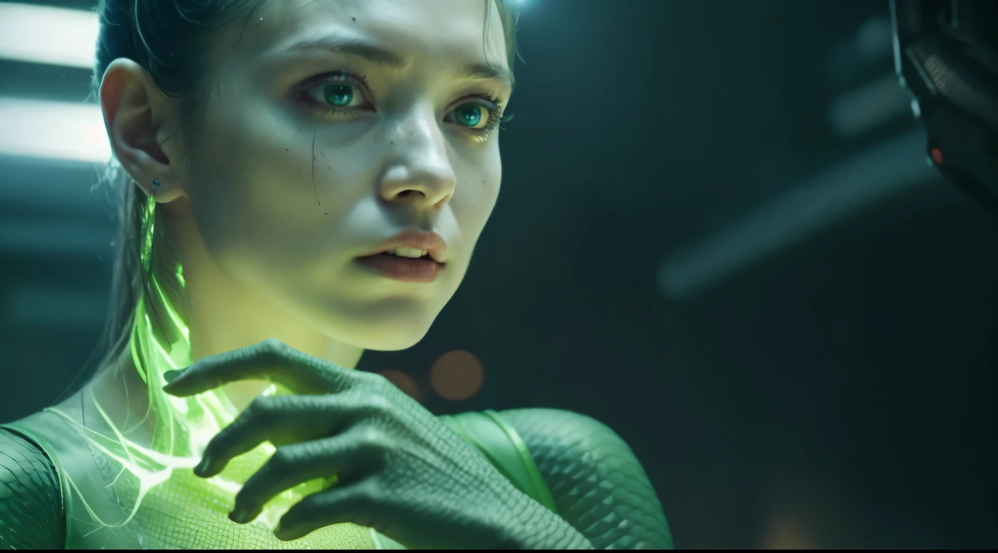 a woman in a green costume with a glowing body, movie still of the alien girl, snake eyes, sci-fi movie still, movie still of a cyborg, movie still of a alien cyborg, sci-fi cinematic movie still, movie still of a cool cyborg, sci - fi film still, eve online movie still, 4k movie still, 4 k movie still, realistic image, 16k resolution