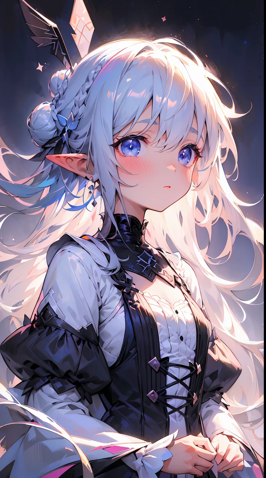 Vibrant colors, 1elf girl, beauty elf, ((masterpiece)), (sharp focus), best quality, depth of field, cinematic lighting, detailed outfit, perfect eyes, pale skin, white blonde hair, short hair, (braid bun hair), (deep blue eyes:1.2), perfect lips, (pointed ears), (dangling earrings), black choker, black and white dress, black corset dress, corset, long puffy sleeves, (black, white and pink theme), night sky, moon, forest, starry sky, kawaiitech, pastel colors, kawaii, cute colors. By Yusuke Murata.