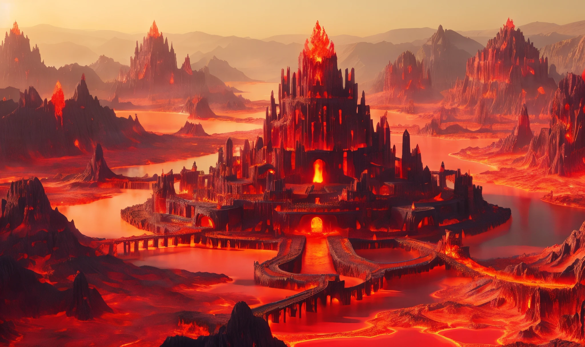 large lava castle, burning surreal landscape, lava city, burning landscape, lava planet, scarlet tundra, fire mine, scarlet mountains in the distance, lava lake with interlocking scarlet cliffs forming bridges to a scarlet tower in the center , fire kingdom, indian style, ultra-realistic, ultra-detailed, high fantasy