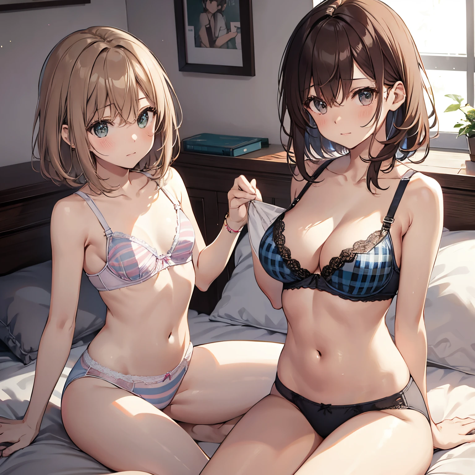 NSFW ４ｋqulity, top-quality, Misaka_mikoto, Brown-eyed, Short_hair, Ultra-small_Breast,）On a hotel bed　Blue lingerie　１６age　sexypose　Bewitching　Break white bra for heavy sweating、Pink bra、Blue bra、Green bra、Greybra、Light grey bra、 Striped bra、Polka Dot Bra、Plaid bra、Cute bra、Kids Bra、Sportsbra、Camisole、Cotton panties, flat chest, half striped, hands, touching, feeling, grabbing, squeezing, many hands, kid, child, children playing, children touching, kids playing, kids touching, nervous, first time, little boy, sitting on a man, riding, boob grab, breast grab, tit grab