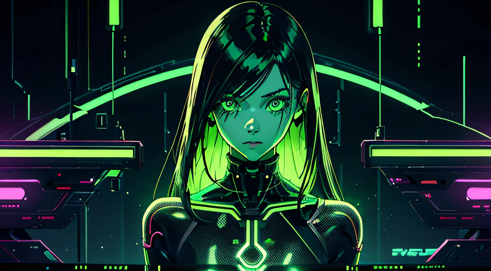 digital android girl head floating, only head, no torso, held by neon wires, cut off head, her neck is wires, digital green and black neon lights, cyberpunk, futuristic pedestal, beautiful face, green cyber eyes, robotic, no torso, matrix background, dark, high contrast, complicated motherboard background,