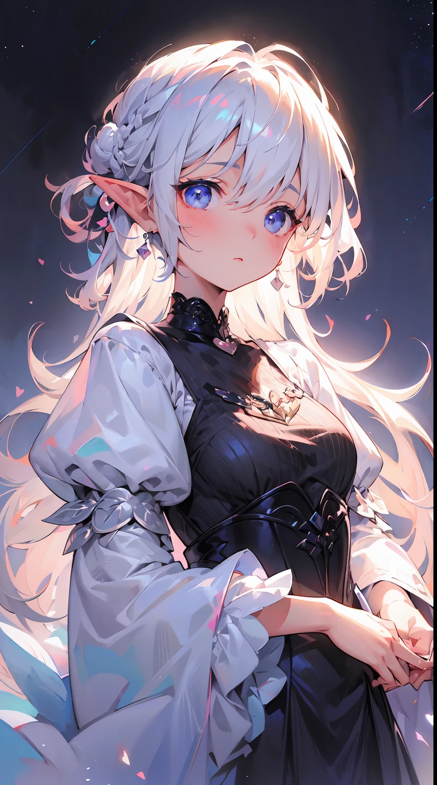 Vibrant colors, 1elf girl, beauty elf, ((masterpiece)), (sharp focus), best quality, depth of field, cinematic lighting, detailed outfit, perfect eyes, pale skin, white blonde hair, short hair, (braid bun hair), (deep blue eyes:1.2), perfect lips, (pointed ears), (dangling earrings), black choker, black and white dress, black corset dress, corset, long puffy sleeves, (black, white and pink theme), night sky, moon, forest, starry sky, kawaiitech, pastel colors, kawaii, cute colors. By Yusuke Murata.