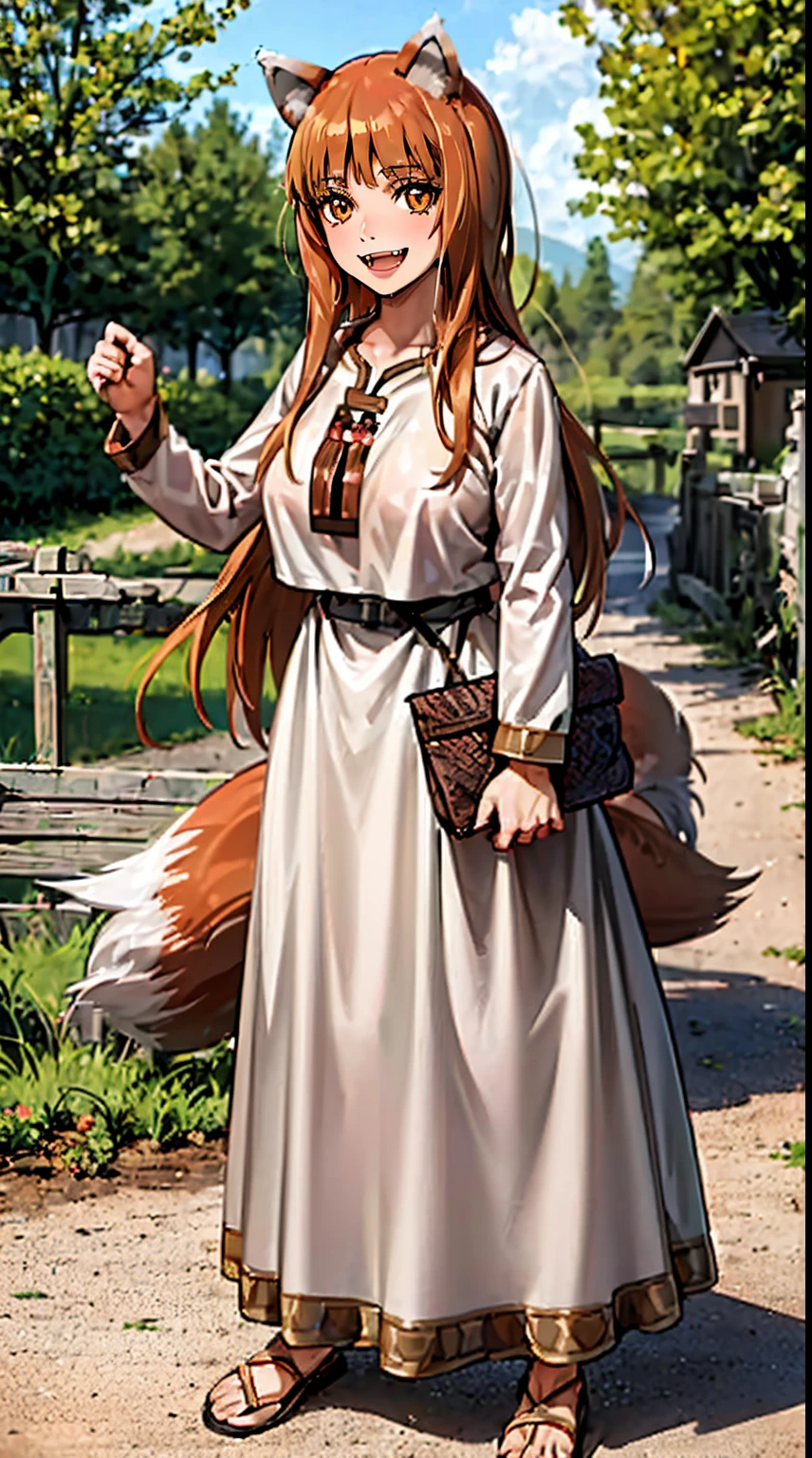 (holo:1.5), (holoBrownDress:1.5), masterpiece, best quality, absurdres, 1girl, looking at viewer, standing, cowboy shot, outdoors, medieval, cobblestone street, town, pouch, sash, smile, fruit, apple, basket,big breast, curvy, silver hair, white hair, full body, flipflops,open mouth smile, fangs,