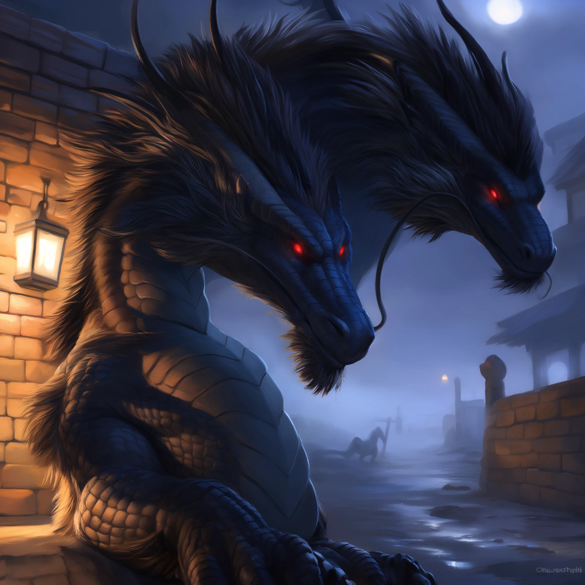 standing, street, medieval blacksmith, fog, against wall, penis, (ultra detailed), a beautiful and detailed full size portrait of a female anthro chinesedragon (black body, blue skin, black hair), (scales, detailed scales), guarding position, guarding entrance, glowing eyes, red eyes (glowing), non-mammal breasts, looking at viewer, bedroom_eyes, detailed eyes, big body, sexy body, goddess, kenket, Ross Tran,ruan jia, trending on artstation,foxovh, cenematic lighting, big breaths, big boobs, vagina, hands on chest, smile, detailed background, night, third person view, close up view, front view, empty eyes, foreskin, tan body, tan scales, empty eyes, wet, night, big body, dakimakura