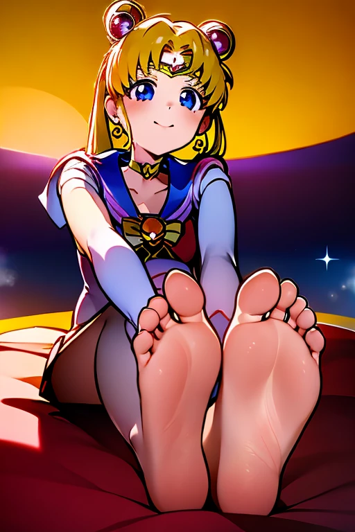 Masterpiece, best quality, (1 girl), with Sailor Moon super Sailor Moon costume, sitting on the floor, smiling, happy, a big yellowish full moon behind her, white gloves, blue eyes, galaxy background, sailor uniform white senishi, with a large red bow on her chest, a navy blue skirt, circular gold hair clips with a red center on top of her head, one on the right and one on the left, a red bow on her chest, a heart brooch, earrings, half moon, heart necklace, very long blonde hair, two very long pigtails, one on the left and one on the right that reach the floor, crescent moon earrings, yellow tiara on the forehead with a small red circle in the middle , yellow collar, sitting, legs stretched forward, barefoot, showing soles. of her feet, the soles of her feet are big and smell bad, the shape of the perfect foot, five toes, anime, Sailor Moon