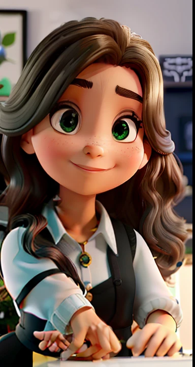 A Banking Woman, jovem de 37 anos, sorridente, Chic and wise, com cabelo longo e liso e castanho, olhos na cor clara verde, olhos pequenos e boca pequena, with black dress pants, blusa preta e brazer verde bandeira, without glasses, salto alto preto, In a fancy law firm.