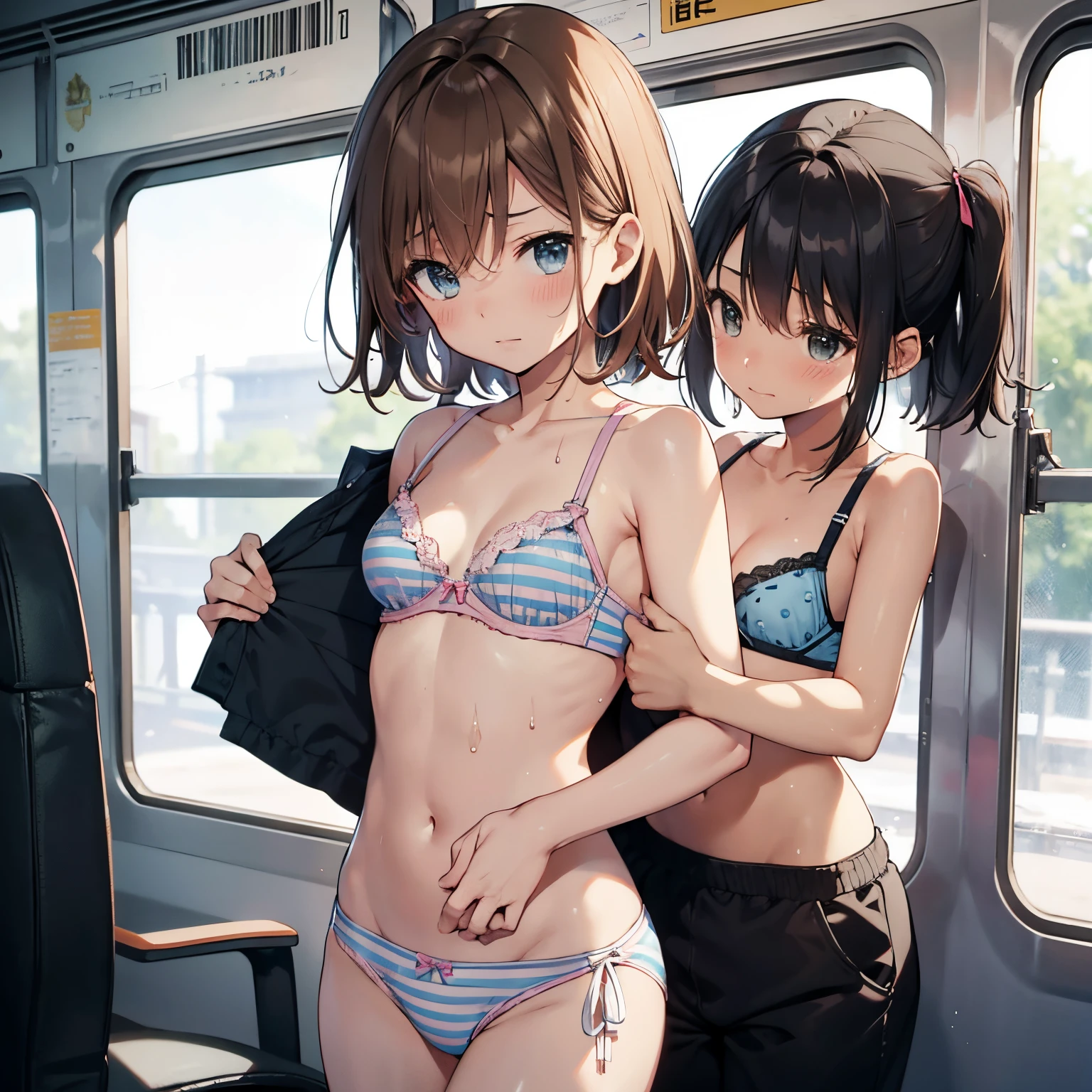 NSFW 4kqulity, top-quality, Misaka_mikoto, Brown-eyed, Short_hair, Ultra-small_Breast,)On a train Blue lingerie 14age sexypose Bewitching Break white bra for heavy sweating、Pink bra、Blue bra、Green bra、Greybra、Light grey bra、 Striped bra、Polka Dot Bra、Plaid bra、Cute bra、Kids Bra、Sportsbra、Camisole、Cotton panties, flat chest, half striped, short girls, , sweating, wet, kid, child, goo, slime, petite, small girls, hands, touching, feeling, crying, nervous, afraid, sad, hands touching, grabbing shirt, grabbing pants, grabbing arm, forced stripping, children playing, children touching, kids playing, kids touching, fairy, pixie, tiny girl, assault, attack, riding, chikan