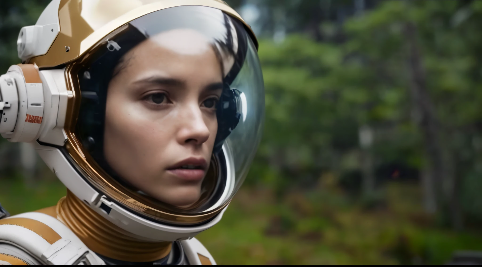 a close up of a person in a space suit with a helmet on, sci-fi movie still, movie still of the alien girl, dramatic sci-fi movie still, sci-fi, sci - fi, zoe kravitz futuristic astronaut, sci - fi film still, 4k movie still, 4 k movie still, zoe kravitz as an astronaut, realistic image, 16k resolution