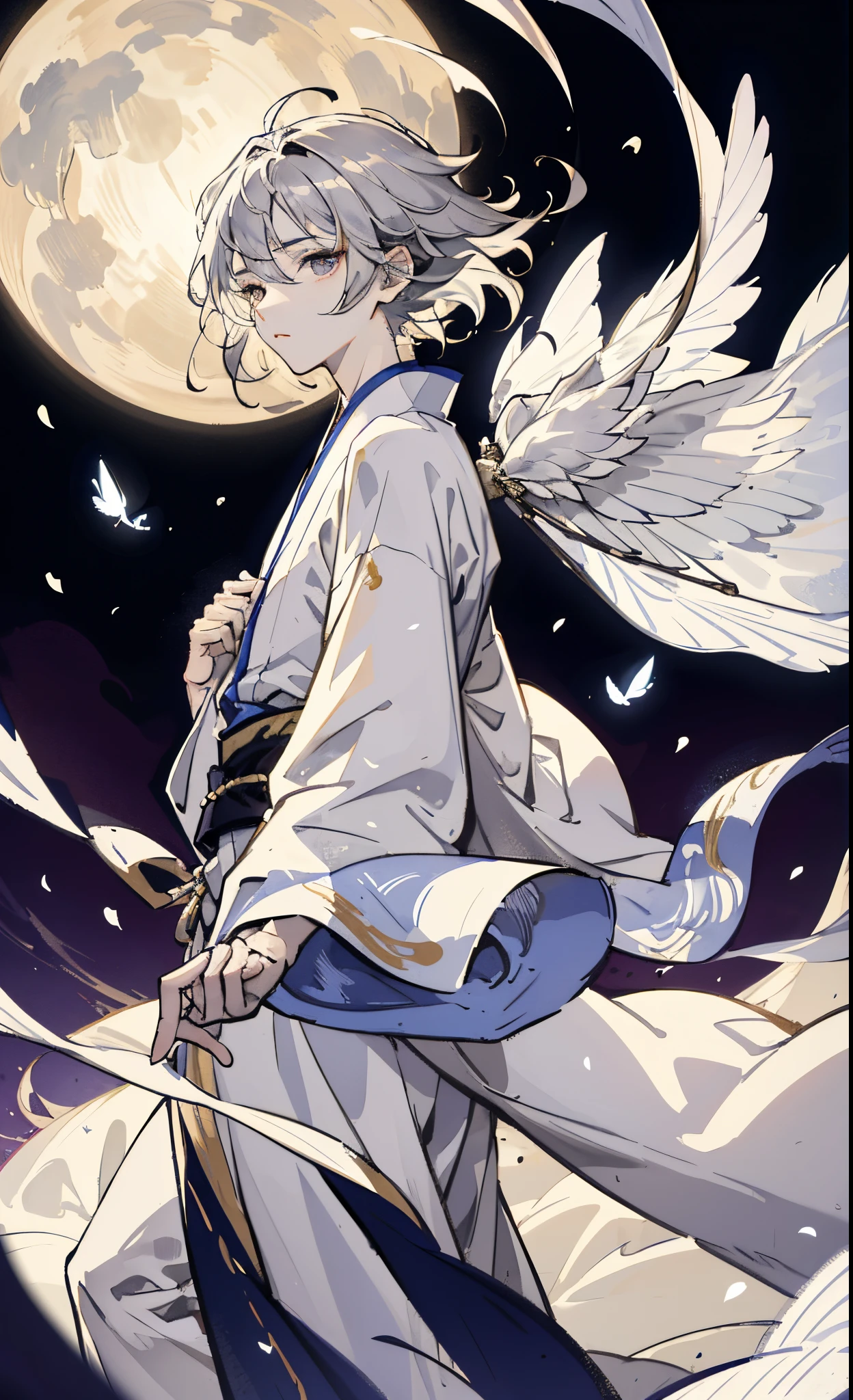 shoun、White Japanese Clothing、short silver hair、Delicate Eye Depiction、a handsome、Fairy Fluttering、Ancient style、foggy、float、wide robe with large sleeves、Dynamic poses、Dramatic composition、Flying hair