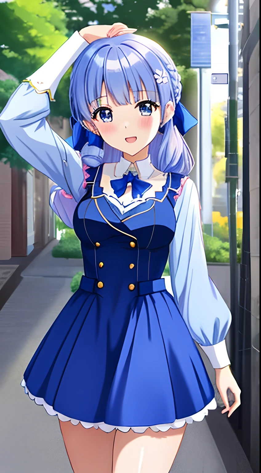 An anime girl in a blue dress and a blue bow walks down the street, beautiful anime high school girl, marin kitagawa fanart, beautiful anime girl, anime visual of a cute girl, (anime girl), an anime girl, style anime, beautiful anime woman, cute anime waifu in a nice dress, Long Hair Anime Girl, pretty anime girl, anime moe artstyle