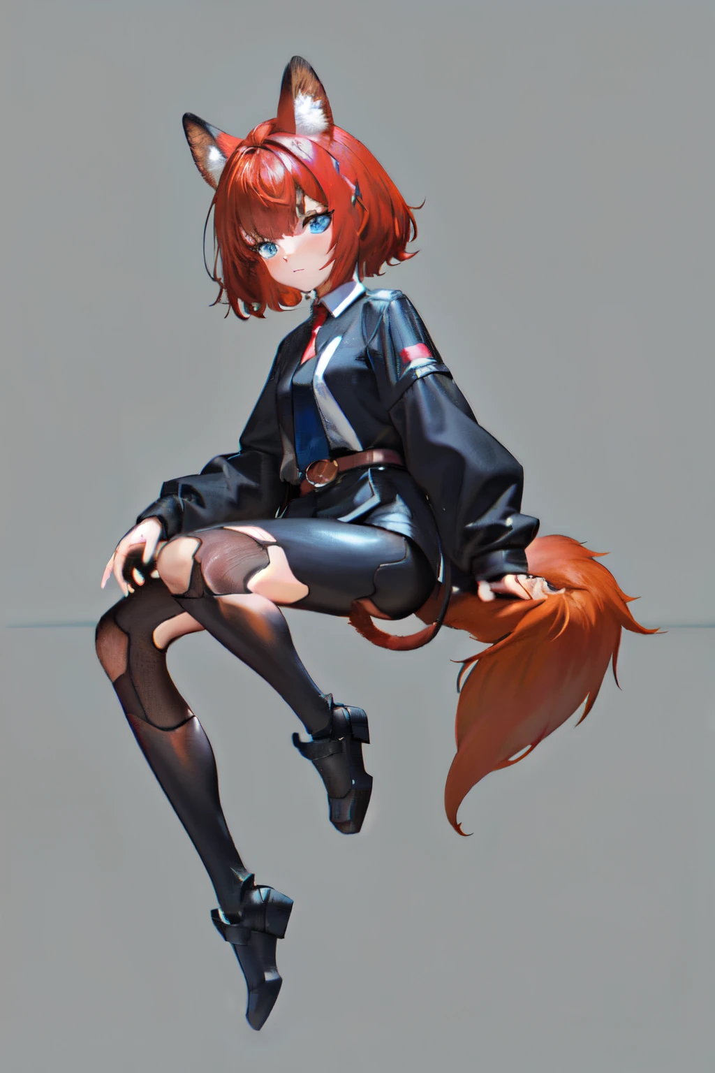 Masterpiece, intricate, anime style, full body, 1girl, rakkun, racoon girl, racoon ears, 1tail, fluffy tail, racoon tail, brown and light brown ringed tail, red and blue eyes blurred, short hair, red inner hair, brown hair, a strand of hair on the left side, red hair strips, short black shirt uncovered on the shoulders and with a black mesh with black borders up to the collar, polo shirt, short black skitr whit dark red checkered, black belt around the waist, looking at viewer, best quality, 4k,highres, professional art, professional drawing, professional lineart, outlined markers