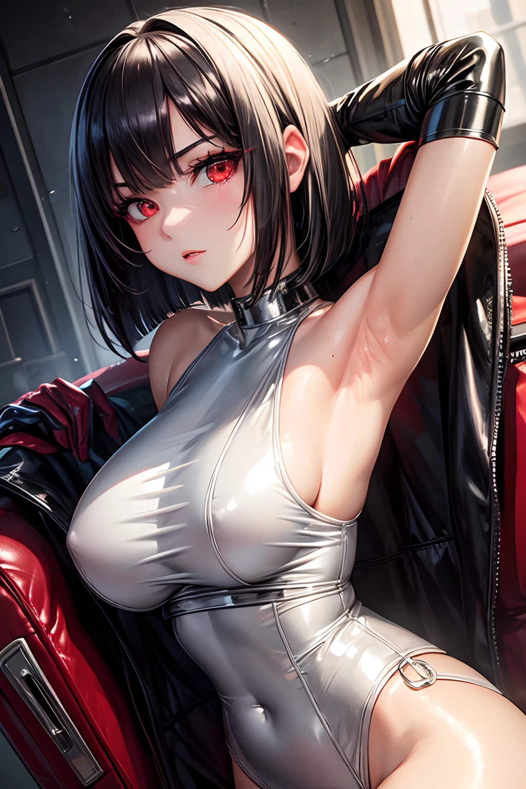 masterpiece,Best Quality,Highly detailed,1girl,Metallic White Silver tanktop,latex,Black Hair Bob,Red Eyes,