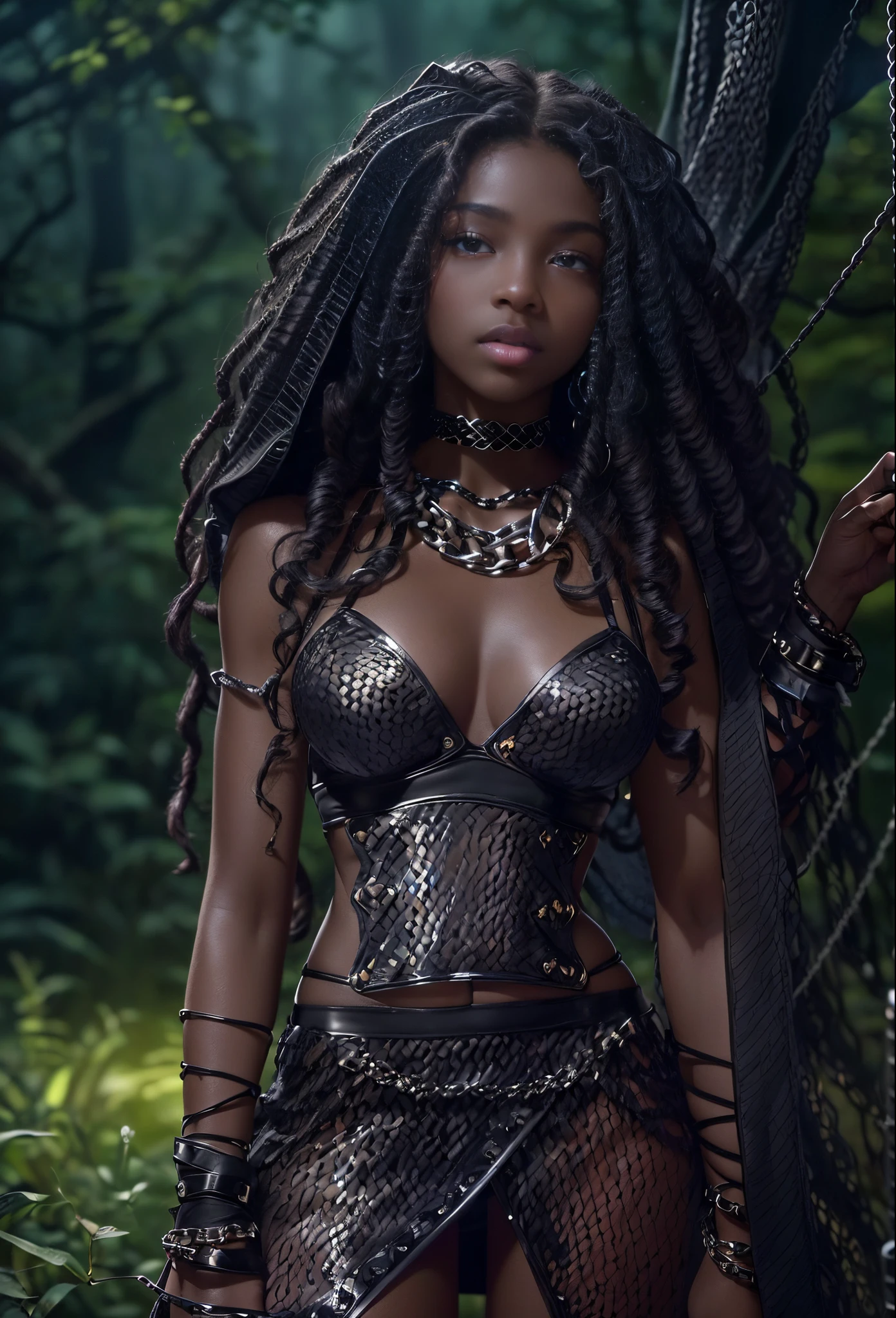((18-year-old))), black girl, (((light skin))), (((full body pose))), (((long curly black hair))), (((wearing tight chainmail micromini skirt, chainmail bra, open front cloak))), (((seamless, black, pantyhose))), (((submissive))), (((metal choker))), standing in the dark woods at night, moonlight shining through the dense canopy, (((dark castle in the background))), dark fantasy, Rich, Deep Colours, (intricate details:0.9), (HDR, hyper-detailing:1.2), (natural skin textures, hyper realisitc, glistening skin, soft light, Sharp),