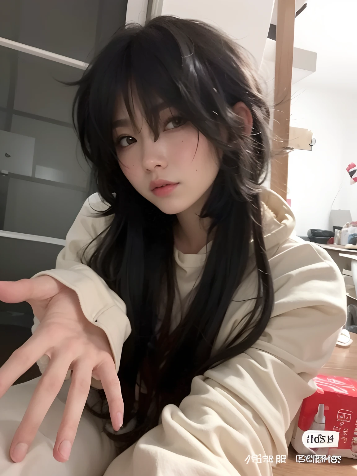 mulher arafed com cabelo preto longo sentado em uma cama, Ulzzang, Ela tem cabelo preto com franja, cruel korean goth girl, cabelo comprido com franja completa, cabelos longos com franja, branco hime corte penteado, com franja, longos cabelos brancos e franja, preto hime corte cabelo, O corte Hime, cabelo whitebangs cabelo, Sui Ishida com cabelo preto