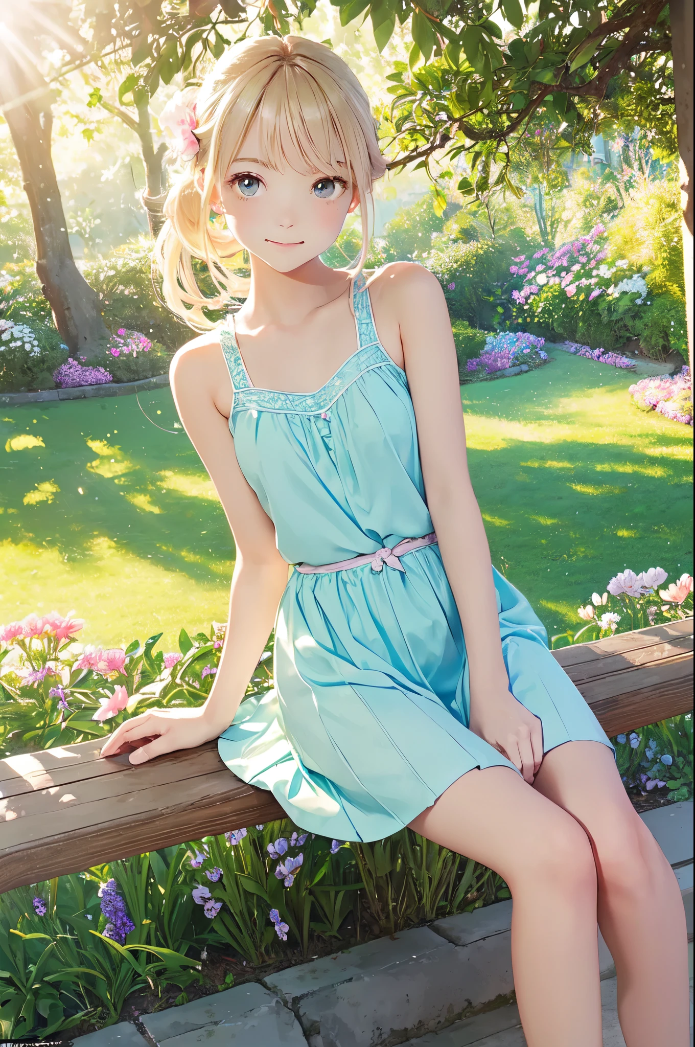 (lovely,beautiful) girl,sitting on a bench,looking straight at camera,ponytail on the side,(bright sunshine:1.2),(pastel colors,soft colors),(dreamlike,whimsical),(sharp focus),(delicate and detailed face),sparkling eyes,rosy cheeks,(sweet smile),(natural beauty),(lush greenery,floral surroundings),(peaceful atmosphere),(colorful flowers in the background),(soft sunlight streaming through the leaves),(comfortable seating),(subtle shadow and highlights),(high-quality details and textures),(professional photography),(portrait),(vivid colors),(bokeh effect),(airy and light),(soft and natural lighting),(outdoor scene),(relaxed and calm mood),(serene expression),(gentle breeze),(sunny day),(harmony and balance) tank top, short skirt