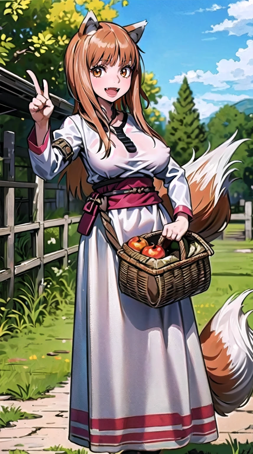 (holo:1.5), (holoBrownDress:1.5), masterpiece, best quality, absurdres, 1girl, looking at viewer, standing, cowboy shot, outdoors, medieval, cobblestone street, town, pouch, sash, smile, fruit, apple, basket,big breast, curvy, silver hair, white hair, full body, flipflops,open mouth smile, fangs,