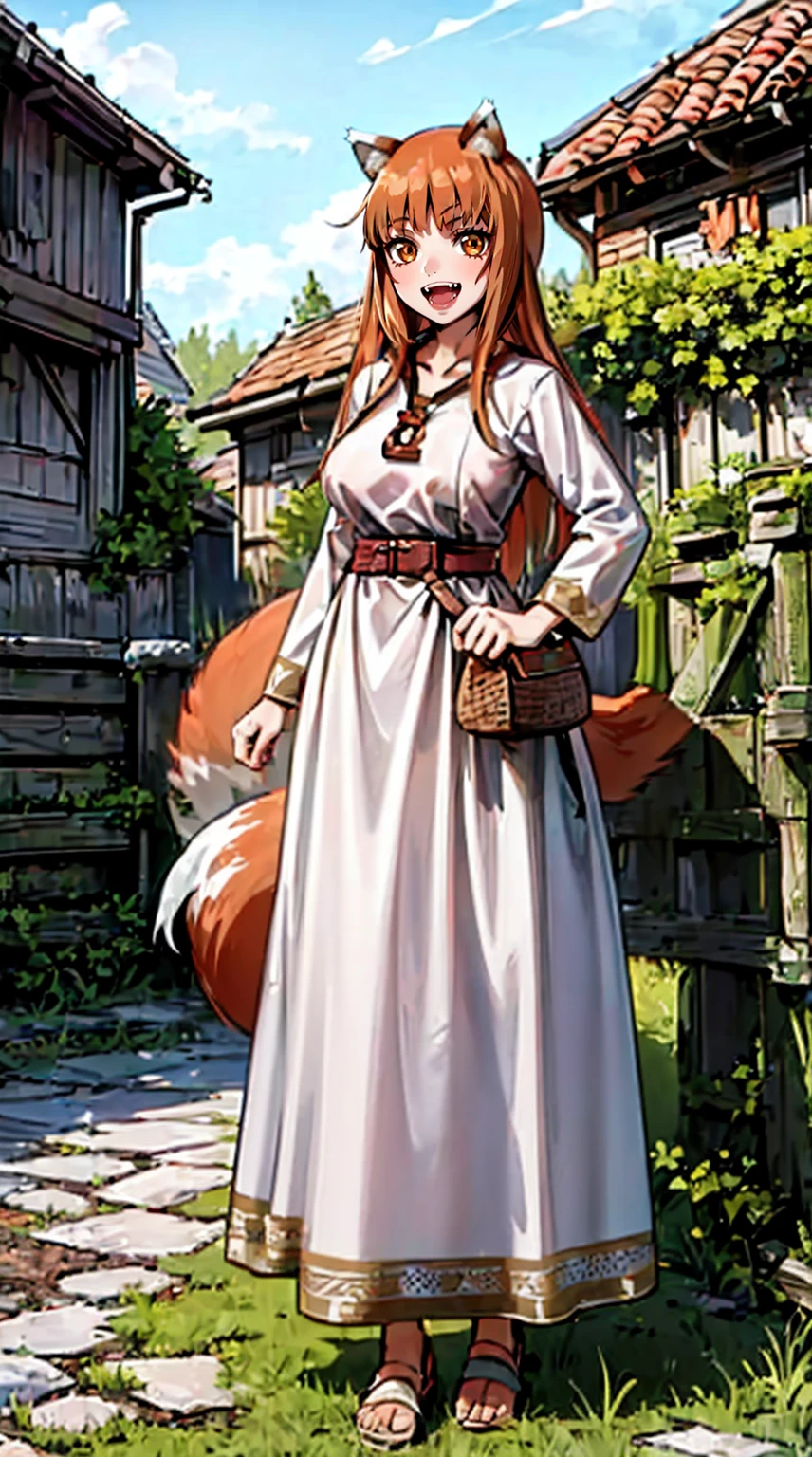(holo:1.5), (holoBrownDress:1.5), masterpiece, best quality, absurdres, 1girl, looking at viewer, standing, cowboy shot, outdoors, medieval, cobblestone street, town, pouch, sash, smile, fruit, apple, basket,big breast, curvy, silver hair, white hair, full body, flipflops,open mouth smile, fangs,