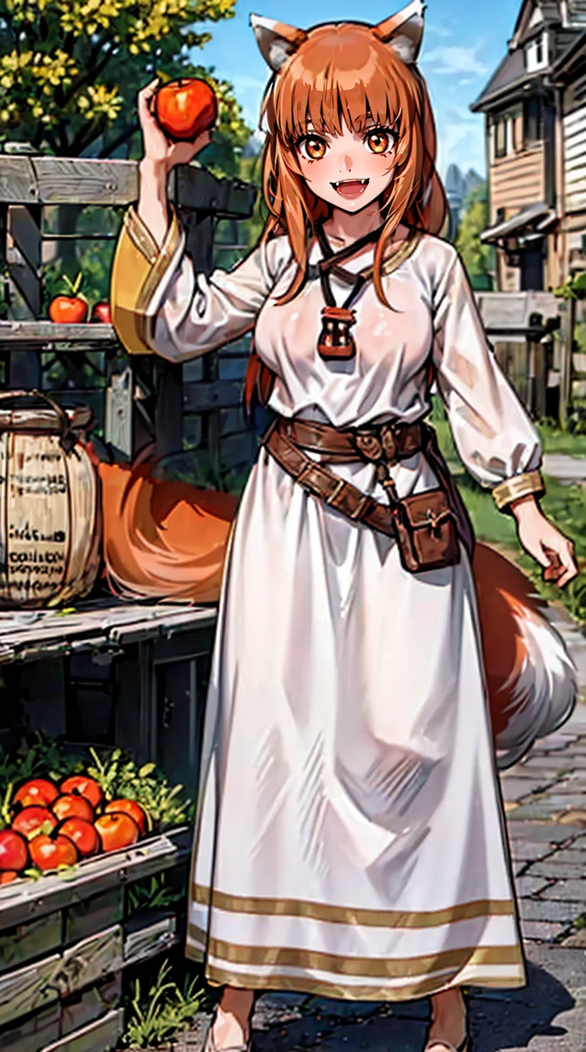 (holo:1.5), (holoBrownDress:1.5), masterpiece, best quality, absurdres, 1girl, looking at viewer, standing, cowboy shot, outdoors, medieval, cobblestone street, town, pouch, sash, smile, fruit, apple, basket,big breast, curvy, silver hair, white hair, full body, flipflops,open mouth smile, fangs,