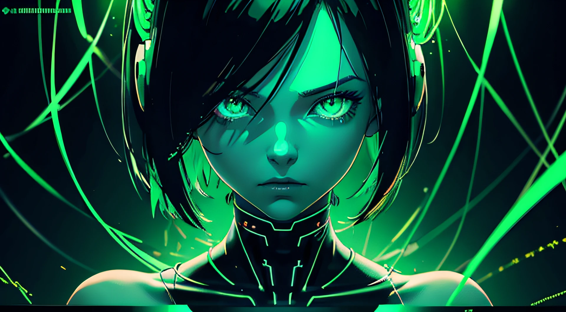 digital android girl head floating, only head, no torso, held by neon wires, cut off head, her neck is wires, digital green and black neon lights, cyberpunk, futuristic pedestal, beautiful face, green cyber eyes, robotic, no torso, matrix background, dark, high contrast, complicated motherboard background,