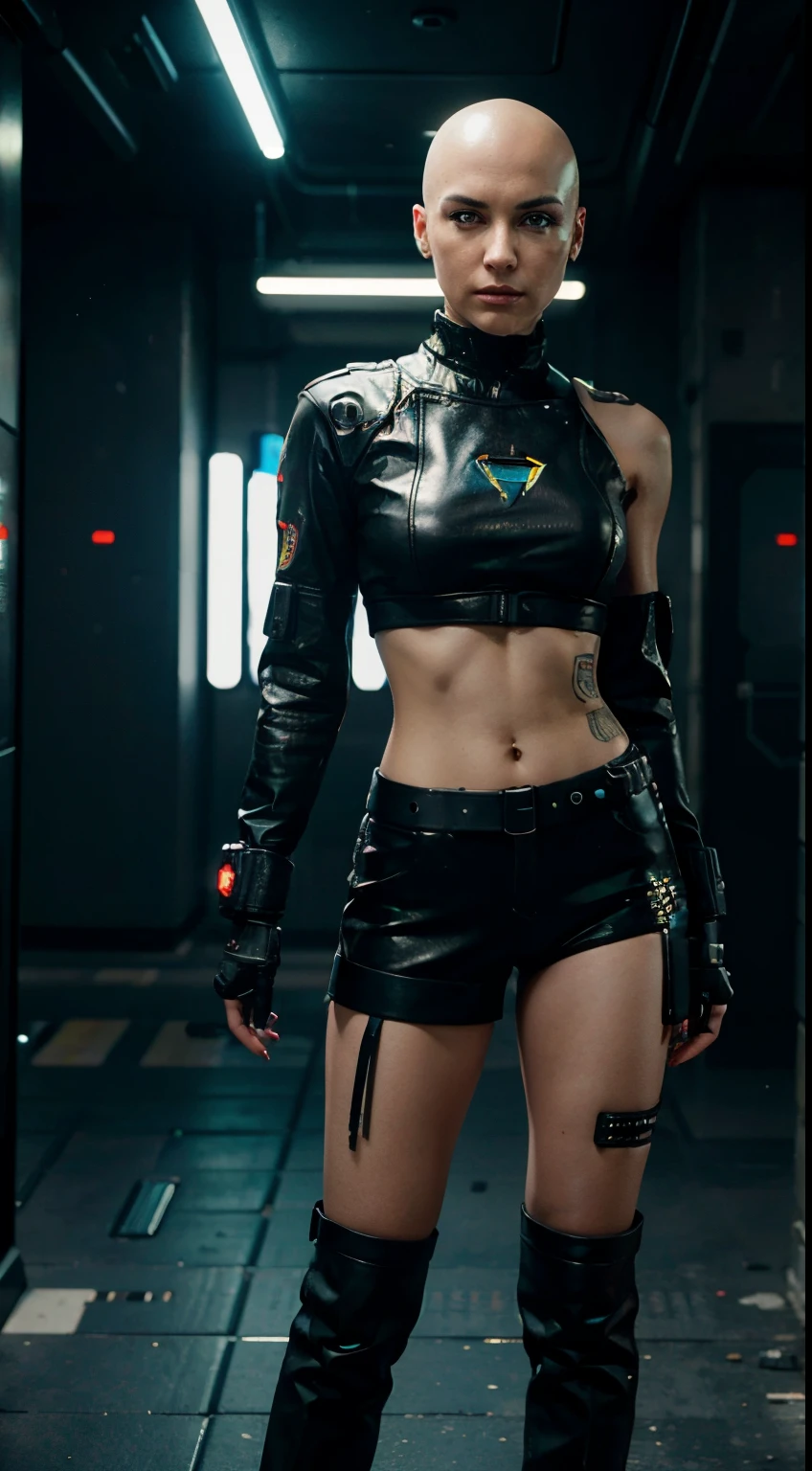 face Caren gillan, bald head , cyberpunk 2077, full black eyes, cyber implanted eyes and hands, full body , militech, Masterpiece, Best Quality, (Highres) (original) , (very detailed wallpaper)