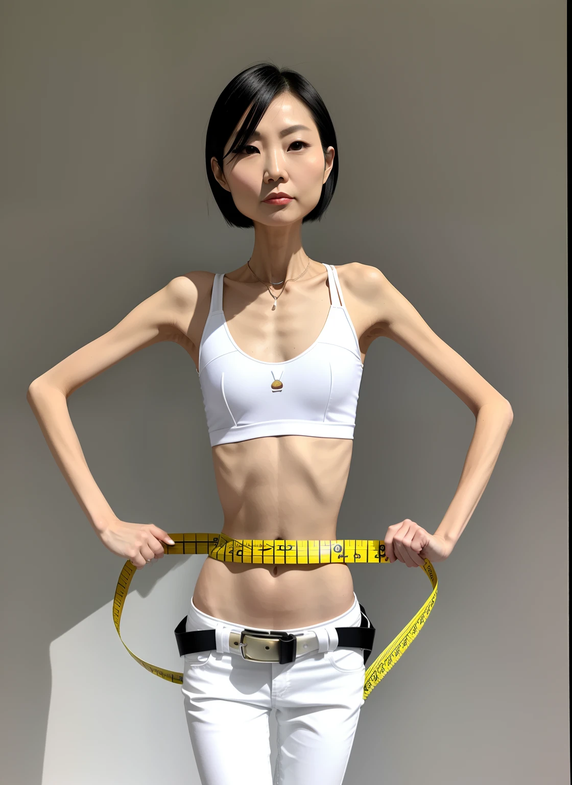 very thin woman, A thin body,Protruding sternum,The waist is very thin,The ribs are noticeable,Protruding ribs,The pelvic protrusion is very obvious,The pelvis is markedly elevated,Fair skin,thin shoulde,The waist is very thin,Sunken abdomen,Delicate arms,sunken lower abdomen,Short hair details,Wear tight leather pants,Asia face,The waist is particularly thin,Measure waist circumference with a tape measure,angry look,Excessive weight loss,The face is sunken and thin,Severe malnutrition,Effeminate woman,The body is thin like a skeleton