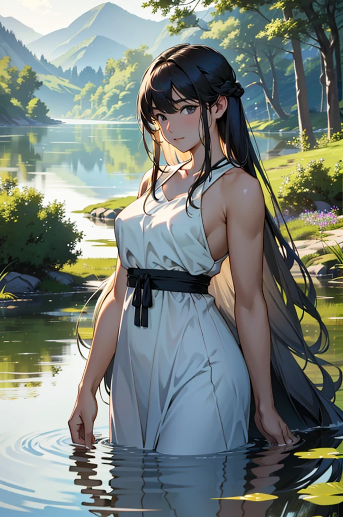 (Masterpiece, Best Quality:1.3) 
RDRAbigail, 1girl, 独奏, bare breast,  , Long hair, Realistic, full-shot, Lake house, morning, Peaceful and serene, with soft morning light, reflected in the water, by stanley artgerm lau, Greg R