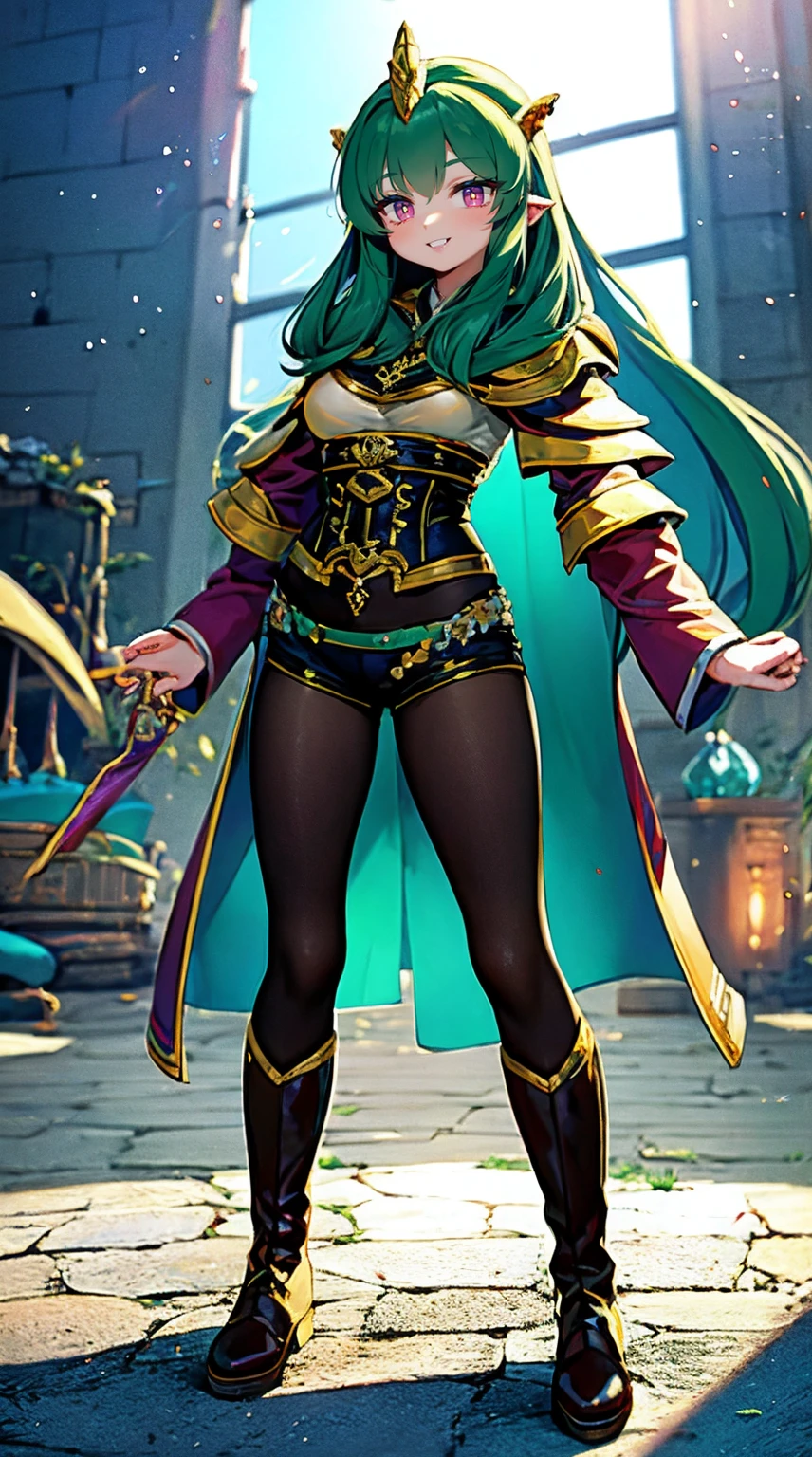 masterpiece, best quality,, corset, breastplate,lum, , urusei yatsura, cloak, pants, pullover kimono,martial pov,, pantyhose, sharpteeth, standing,smile, matial art,, full body, boots , pant, medium breast, pants, pullover,martial pov,god rays, ray tracing, sparkle, cinematic lighting, UHD, retina, masterpiece, ccurate, anatomically correct, textured skin, super detail, high details, high quality, award winning, best quality, highres, 1080P, HD, 4K, thunder aura, light aura, sharpteeth,, super powers, full body, standing, kimono,woman-medieval-clothes, fangs, smile, green hair,, teeth, big breast, long hir