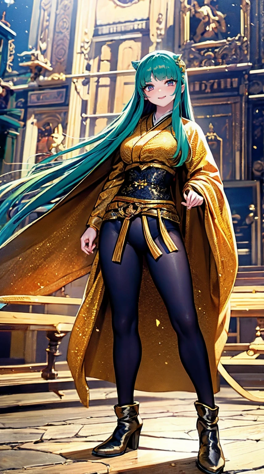 masterpiece, best quality,, corset, breastplate,lum, , urusei yatsura, cloak, pants, pullover kimono,martial pov,, pantyhose, sharpteeth, standing,smile, matial art,, full body, boots , pant, medium breast, pants, pullover,martial pov,god rays, ray tracing, sparkle, cinematic lighting, UHD, retina, masterpiece, ccurate, anatomically correct, textured skin, super detail, high details, high quality, award winning, best quality, highres, 1080P, HD, 4K, thunder aura, light aura, sharpteeth,, super powers, full body, standing, kimono,woman-medieval-clothes, fangs, smile, green hair,, teeth, big breast, long hir