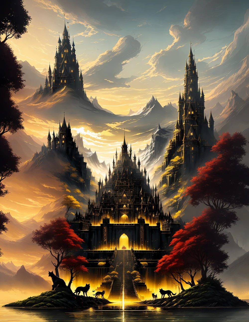There is a castle with a fountain and a cat in front of it, Symmetrical epic fantasy art, andreas rocha style, Inspired by Andreas Rocha, Dan Mumford Tom Bagsho, Mysterious temple setting, A glowing temple in the distance, epic fantasy digital art style, High fantasy castle, Epic fantasy novel cover art, 4K Fantasy Outline, Detailed Fantasy Digital Art