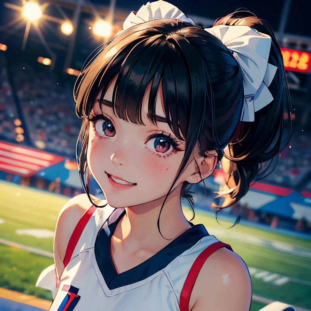 girl in a cheerleader uniform, youthful smile, cheerleading, cheerleader uniform, (((masterpiece))), (((best quality))), (ultra-detailed), (illustrated), ((exquisitely beautiful)), (bokeh background), (perfect shadows), 1 girl, white panties, long black hair, cute, kawaii style, lolita, shimmering highlights on the eyes, character focus, tilted head