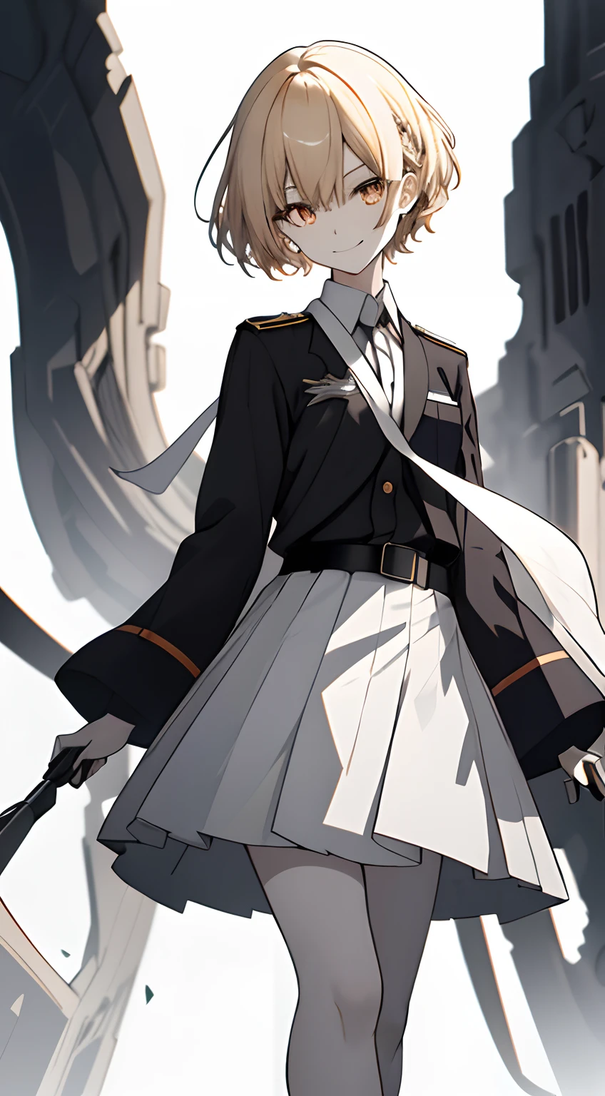 Full body, White one-piece military uniform, Jet black head of hair,(masutepiece:1.2, Best Quality), (finely detailed beautiful eye: 1.2), (beautifull detailed face), High contrast, (Best Illumination, extremely delicate and beautiful), ((Cinematic Light)), Dramatic light, Intricate details,dark orange eyes, Shining eyes,Short stature, Smaller chest、Belt under the chest、White military uniform, White skirt,blonde  hair, Black tie,  (Pale white background:1.5), Wolf cut hair, accurate hands, Look at me and smile, Dynamic Posing